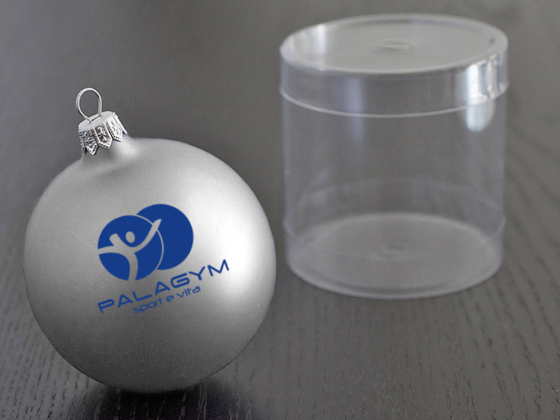 Palla di Natale in vetro argentato con stampa blu
